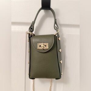 ANNA POALA Olive Green GENUINE Leather Stud Phone Holder Crossbody Bag EUC